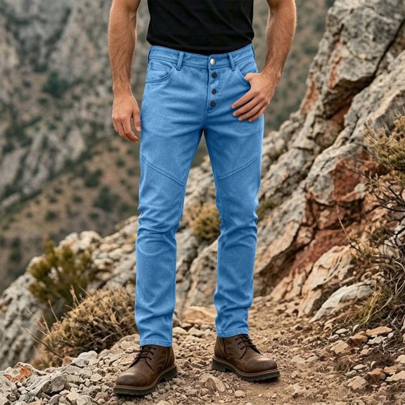 Maqroz Mens Slim Straight Casual Pants Biker Trousers Classic Solid Button Fly Alternative Bottoms for Daily Wear with Pockets