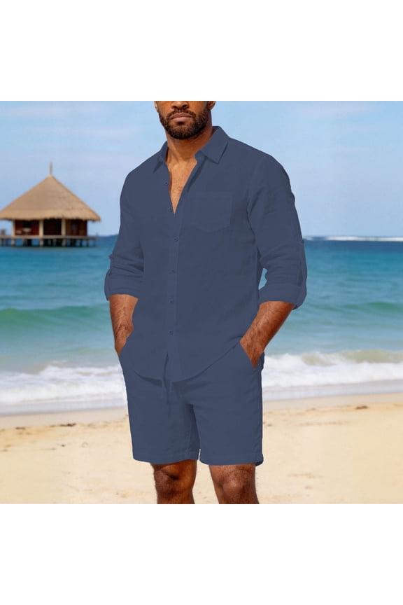Mens Suits 2 Piece Cuban Collar Shirt and Shorts Set Short Sleeve Button Up Camp Shirt with Matching Drawstring Bottoms Relaxed Beach Resort Vacation Casual Wear