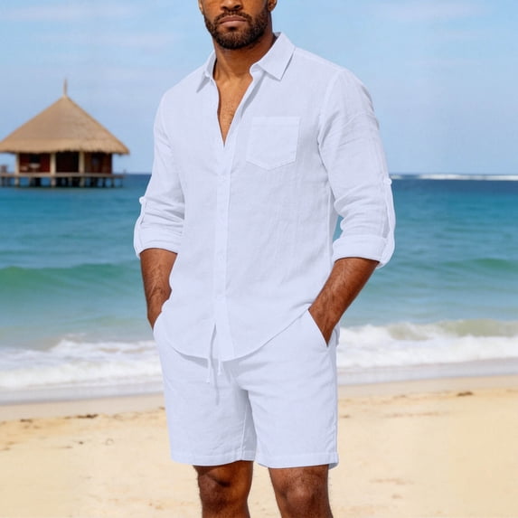 Maqroz Mens Suits 2 Piece Cuban Collar Shirt and Shorts Set Short Sleeve Button Up Camp Shirt with Matching Drawstring Bottoms Relaxed Beach Resort Vacation Casual Wear