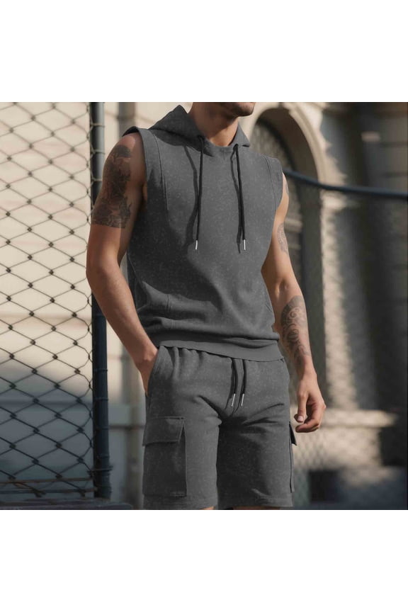 Mens Track Suits 2 Piece Set Tank Top and Cargo Shorts Sets Sleeveless Hooded Vest with Workwear Bottoms Casual Streetwear Lightweight Active Wear Everyday Summer Outfit