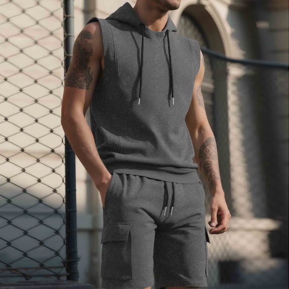 Maqroz Mens Track Suits 2 Piece Set Tank Top and Cargo Shorts Sets Sleeveless Hooded Vest with Workwear Bottoms Casual Streetwear Lightweight Active Wear Everyday Summer Outfit