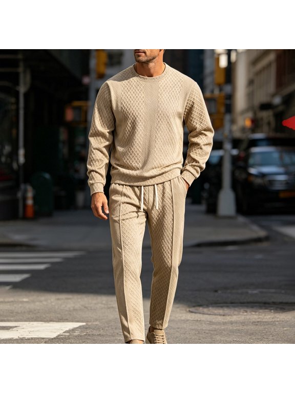 Mens Tracksuits 2 Piece Long Sleeve Crew Neck Pullover Sweaters Textured Knit Drawstring Track Pants Casual Athletic Activewear Fall Loungewear Matching Sets