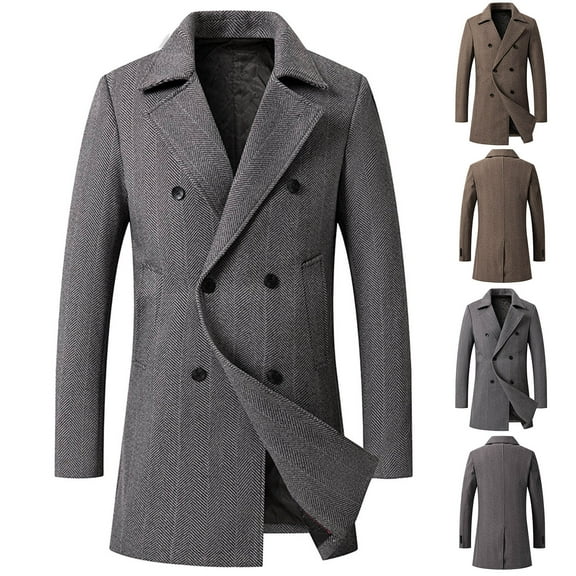 Maqroz Mens Trench Coat Vintage Pattern Coats Double Breasted Notched Collar Jacket Windbreaker Mid Length Overcoat Fall Winter Classic Overcoats with Pockets