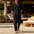 thumbnail image 1 of Maqroz Mens Two Piece Outfits Long Sleeve V Neck Lace Up Shirts Drawstring Beach Pants Casual Summer Vacation Wear Linen Textured Matching Sets Bohemian Trendy Streetwear, 1 of 5