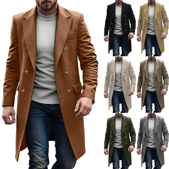 Maqroz Mens Vintage Trench Coat Notched Collar Double Breasted Overcoats Casual Knee Length Windbreaker Windproof Warm Overcoat Fall Winter Pea Coats