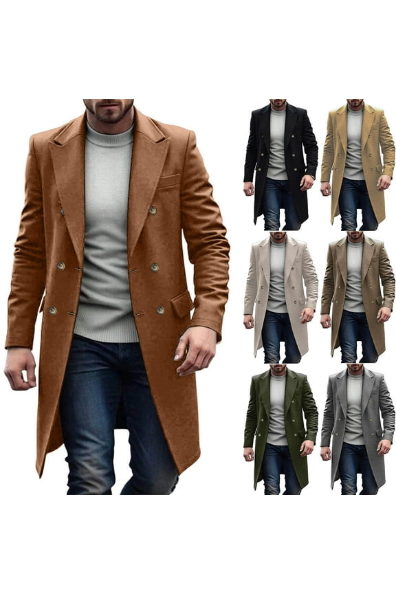 Mens Vintage Trench Coat Notched Collar Double Breasted Overcoats Casual Knee Length Windbreaker Windproof Warm Overcoat Fall Winter Pea Coats