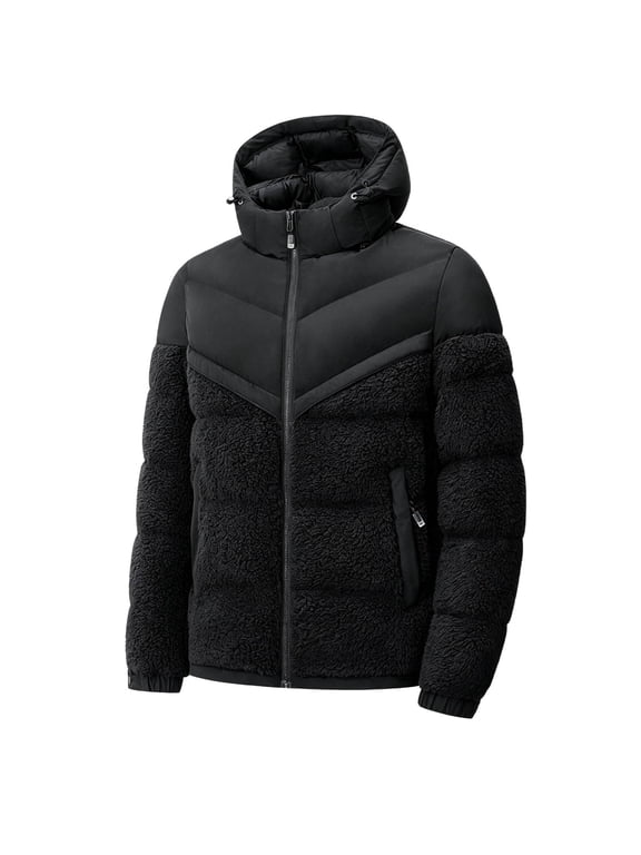 Mens Winter Coats Sherpa Jackets Puffer Outerwear Fall Clothes Warm Hooded Coats Full Zip Up Tops Casual Fashion Patchwork Coats with Pockets
