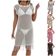 thumbnail image 1 of Maqroz Mesh Cover Up Dress Women Round Neck Cap Sleeve Beach Tunic Flower Decor Fringe Hem Swimsuit Coverup Summer Mini Dress, 1 of 7