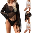 thumbnail image 1 of Maqroz Mesh Cover Up Women Long Sleeve Beach Tunic Fringe Trim Hollow Out Swimsuit Coverup Summer Vacation Cropped Top, 1 of 10