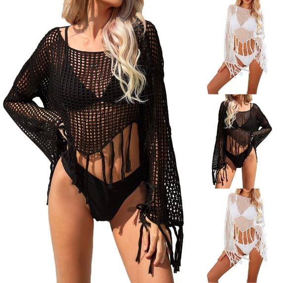 Maqroz Mesh Cover Up Women Long Sleeve Beach Tunic Fringe Trim Hollow Out Swimsuit Coverup Summer Vacation Cropped Top