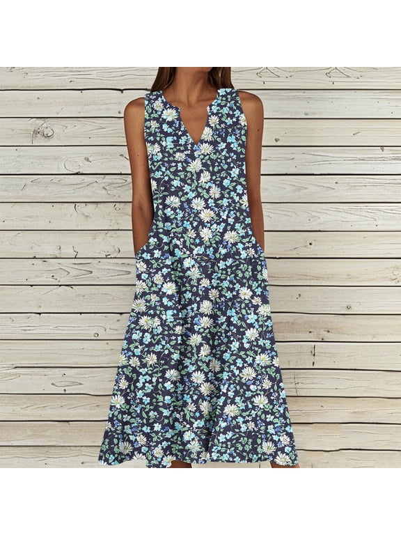 Midi Dresses for Women Floral Print Sleeveless Tank V Neck Knee Length Sundress Soft Cotton Summer Beach Vacation Outdoor Clothes Multicolor L