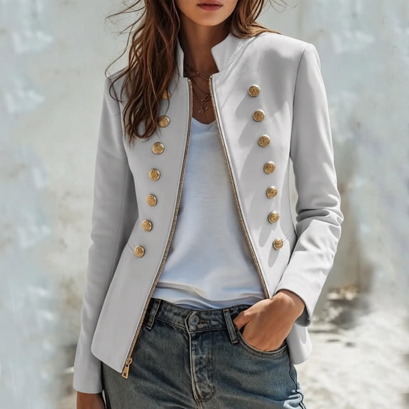 Maqroz Napoleon Jacket for Womens Stand Collar Long Sleeve Double Breasted Outerwear Gold Decor Buttons Tailored Structured Dressy Jacket for Evening Occasions