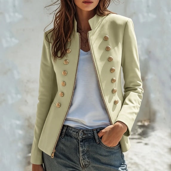 Maqroz Napoleon Jacket for Womens Stand Collar Long Sleeve Double Breasted Outerwear Gold Decor Buttons Tailored Structured Dressy Jacket for Evening Occasions