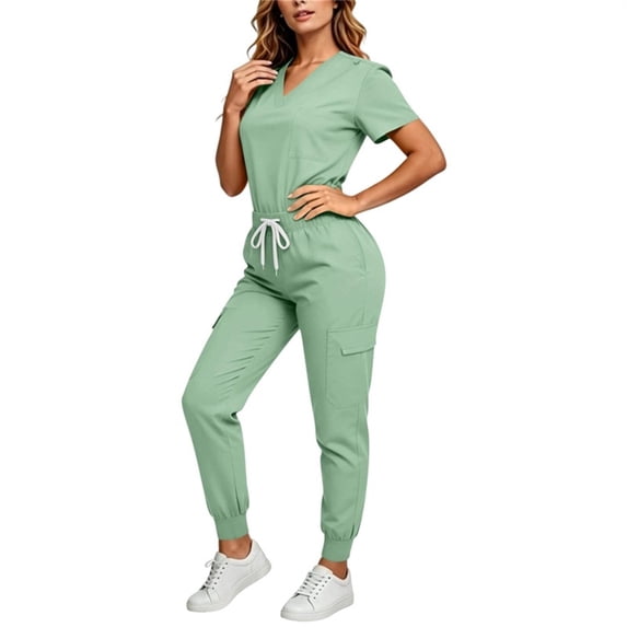 Maqroz Nursing Scrubs for Women Two Piece Medical Uniforms Short Sleeve V Neck Tops High Waisted Jogger Pants with Cargo Pockets Healthcare Professional Work Matching Sets