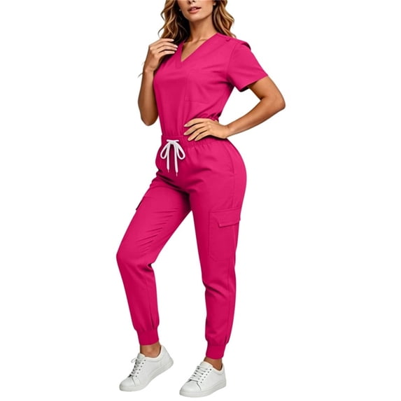 Maqroz Nursing Scrubs for Women Two Piece Medical Uniforms Short Sleeve V Neck Tops High Waisted Jogger Pants with Cargo Pockets Healthcare Professional Work Matching Sets