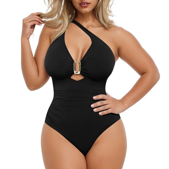 Maqroz One Piece Swimsuit for Women V Neck Swimsuits Front Metal Ring Detail Ruched Waist Tummy Control Bathing Suit Swimwear with Built-In Bra