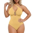thumbnail image 1 of Maqroz One Piece Swimsuit for Women V Neck Swimsuits Front Metal Ring Detail Ruched Waist Tummy Control Bathing Suit Swimwear with Built-In Bra, 1 of 7