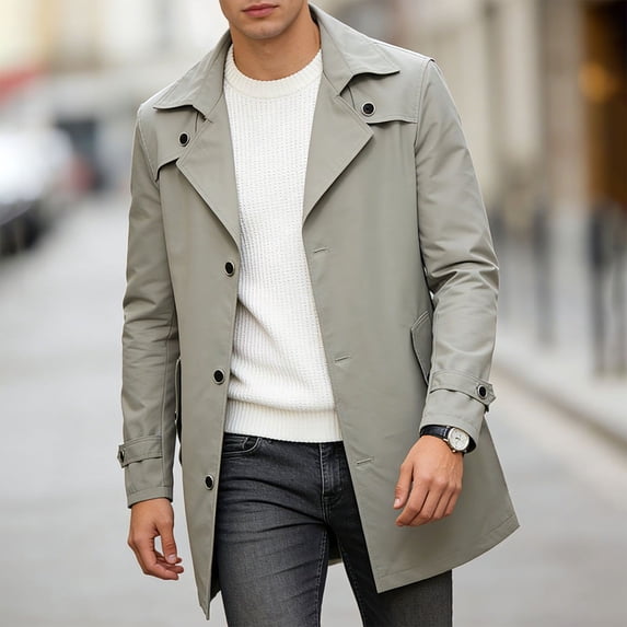 Maqroz Overcoats for Men Minimalist Single Breasted Trench Coat Slanted Pockets Button Down Lapel Windbreaker Fall Apparel Sleek Urban Outerwear for Daily Commutes