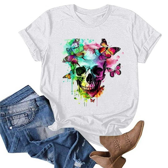 Maqroz Oversized Graphic Tshirts for Women Vintage Band Rock Concert Loose Tee Y2K Summer Multicolor Butterfly Skull Short Sleeve Tops