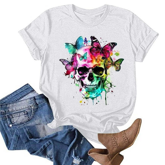 Maqroz Oversized Graphic Tshirts for Women Vintage Band Rock Concert Loose Tee Y2K Summer Multicolor Butterfly Skull Short Sleeve Tops