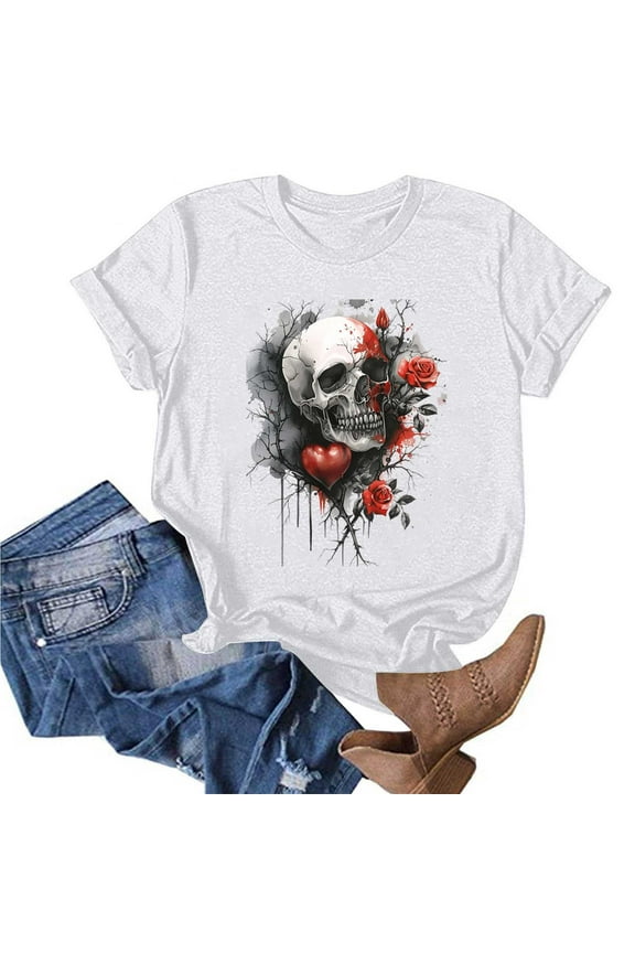 Oversized Graphic Tshirts for Women Vintage Band Rock Concert Loose Tee Y2K Summer Red Skull Short Sleeve Tops