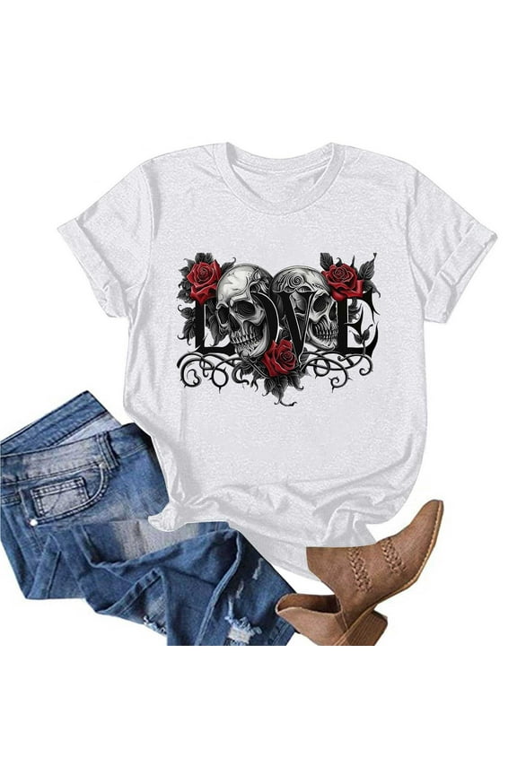 Oversized Graphic Tshirts for Women Vintage Band Rock Concert Loose Tee Y2K Summer Skull Love Skull Short Sleeve Tops