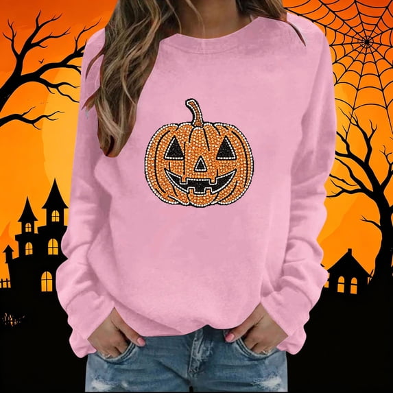 Maqroz Oversized Sweatshirts for Women Halloween Fall Graphic Sweaters Long Sleeve Crewneck Pullover Crystal Beaded Decor Tops Drop Shoulder Slouchy Boutique Clothing