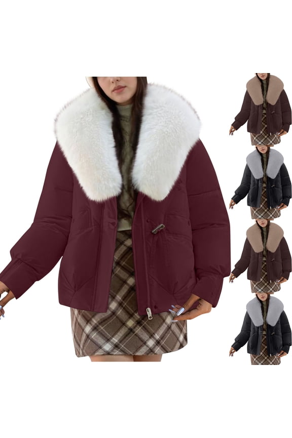 Padded Jacket for Women Full Zip Faux Fur Collar Coat Causal Stylish Jacket Short Puffer Jackets Fall Winter Quilted Down Outerwear with Pockets