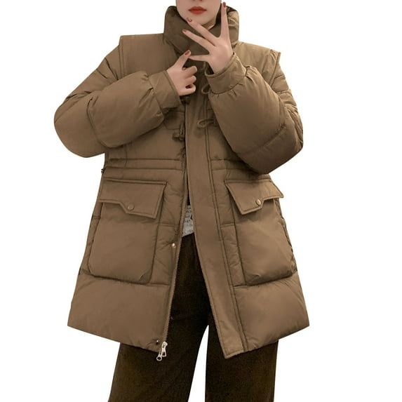 Maqroz Padded Jacket Women with Hood Quilted Winter Down Coat Casual Long Sleeve Zip Up Parka Horn Button Stand Collar Thick Jackets Outerwear with Pocket, Coffee XL