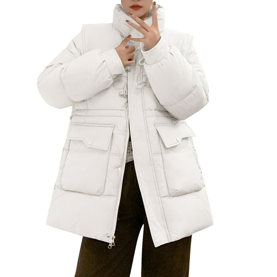 Maqroz Padded Jacket Women with Hood Quilted Winter Down Coat Casual Long Sleeve Zip Up Parka Horn Button Stand Collar Thick Jackets Outerwear with Pocket, White L