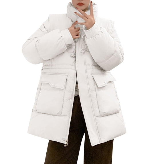 Maqroz Padded Jacket Women with Hood Quilted Winter Down Coat Casual Long Sleeve Zip Up Parka Horn Button Stand Collar Thick Jackets Outerwear with Pocket, White XXL