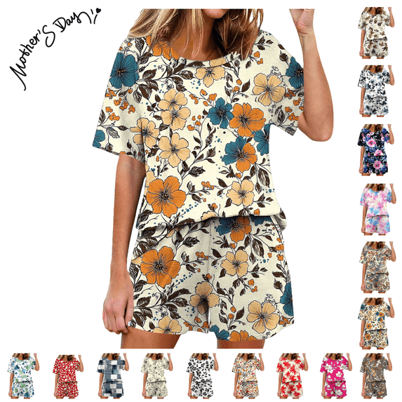 Maqroz Pajama Sets for Women 2 Piece Soft Sleepwear Short Sleeve Top and Shorts 2 Piece Loungewear Floral Print Nightwear with Pockets Comfortable Breathable Pjs Sets Casual Home Wear