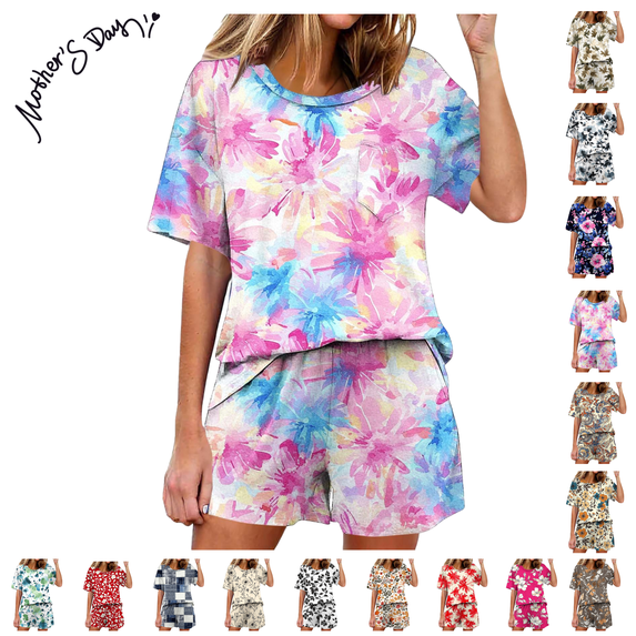 Maqroz Pajama Sets for Women 2 Piece Soft Sleepwear Short Sleeve Top and Shorts 2 Piece Loungewear Floral Print Nightwear with Pockets Comfortable Breathable Pjs Sets Casual Home Wear