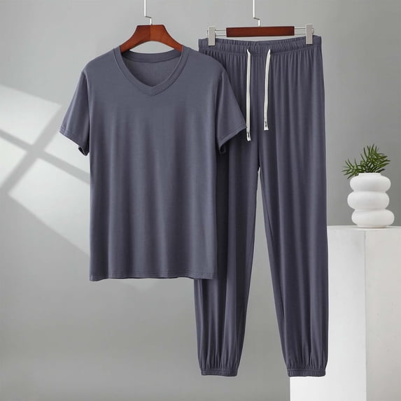 Maqroz Plus Size 2 Piece Sets for Men Summer 2-Piece Pajama Set Short Sleeve Top with Long Pants Soft Sleepwear Comfortable Loungewear Nightwear Casual Home Wear Lightweight Breathable Bedtime Outfit