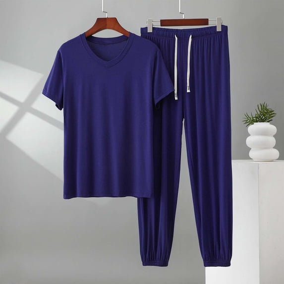 Maqroz Plus Size 2 Piece Sets for Men Summer 2-Piece Pajama Set Short Sleeve Top with Long Pants Soft Sleepwear Comfortable Loungewear Nightwear Casual Home Wear Lightweight Breathable Bedtime Outfit
