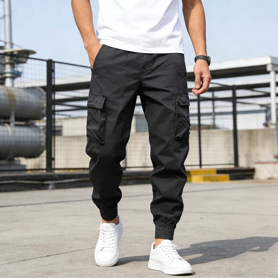 Maqroz Plus Size Cargo Pants for Men Athletic Elastic Waist Joggers Solid Color Casual Baggy Trousers Loose Lightweight Work Dailywear Fashion Summer Streetwear with Multi Pockets