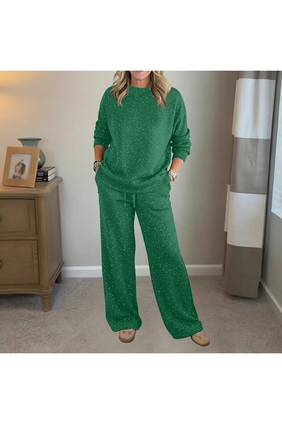Plus Size Two Piece Sets for Women Long Sleeve Tops and Drawstring Wide Leg Pants Sequin Glitter Sparkle Shiny Set Casual Holiday Party Outfits with Pockets