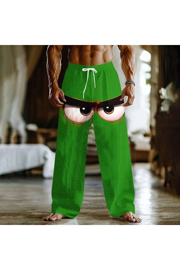 Plus Size Vacation Pants for Men Funny Cartoon Graphic Pant Drawstring Elastic Waist Casual Trousers Lounge Relaxed Lightweight Beachwear with Pockets