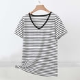 thumbnail image 1 of Maqroz Plus Size Women's Striped V Neck Short Sleeve T-Shirt Casual Backless Summer Tee Loose Comfy Basic Daily Wear Cotton Top, 1 of 5