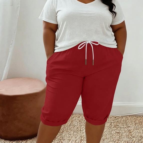 Maqroz Plus Size Womens Knee Length Capri Pants Elastic Waist Drawstring Lightweight Breathable Summer Casual Outfits for Daily Wear with Pockets