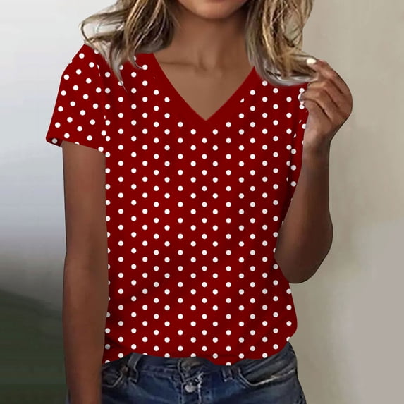 Maqroz Polka Dot V Neck Short Sleeve T-Shirt Women Casual Cute Top Soft Summer Loose Comfy Daily Wear Sweet Style Fashion Outfits