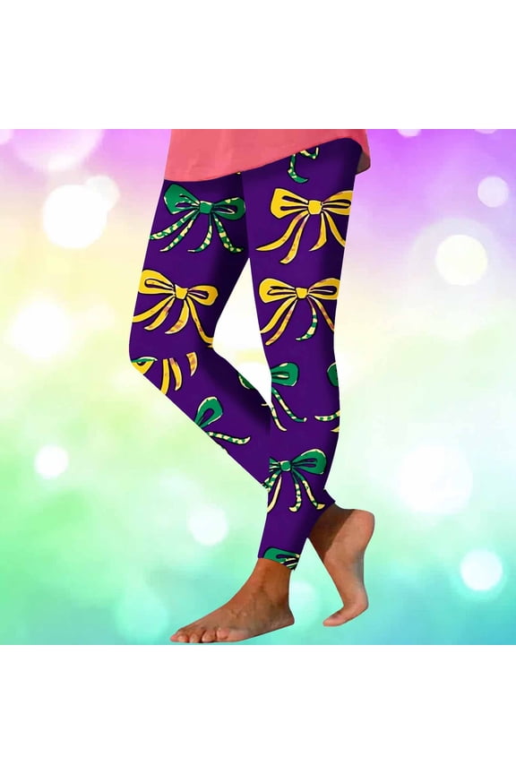 Purple Mardi Gras Yoga Pants Ribbon Bow Print Festival Leggings Soft Brushed Holiday Tights Purple,M