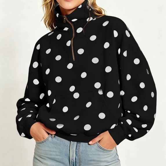 Maqroz Quarter Zip Pullover Women Fall Sweaters Half Zipper Stand Collar Tops Long Sleeve Retro Polka Patterned Sweatshirts Drop Shoulder Casual Slouchy Activewear