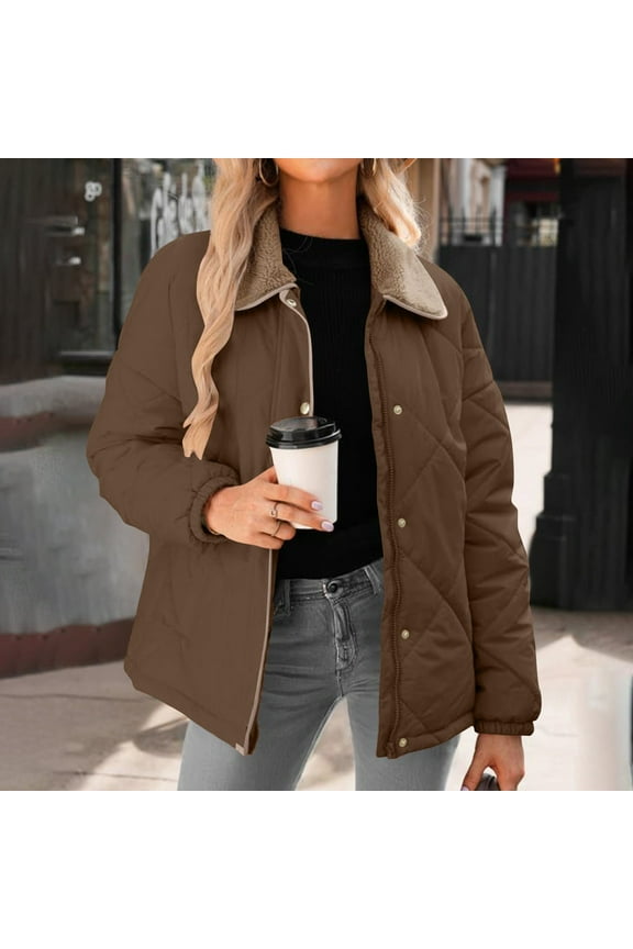 Quilted Jackets for Women Lightweight Winter Casual Long Sleeve Button Down Puffer Coats Sherpa Lapel Collar Padded Trendy Barn Jacket Outerwear, Brown S