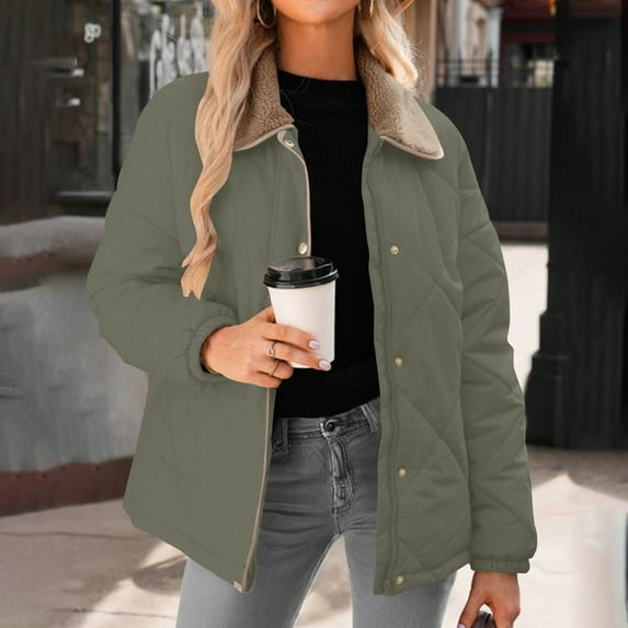 Maqroz Quilted Jackets for Women Lightweight Winter Casual Long Sleeve Button Down Puffer Coats Sherpa Lapel Collar Padded Trendy Barn Jacket Outerwear, Green M