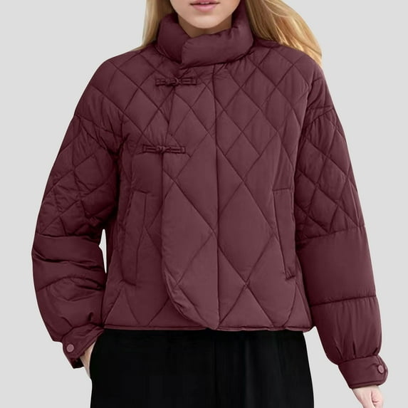 Maqroz Quilted Lightweight Jackets for Women Stand Collar Vintage Button Cardigan Barn Jacket Cold Weather Warm Winter Down Coat Outerwear, Wine XL