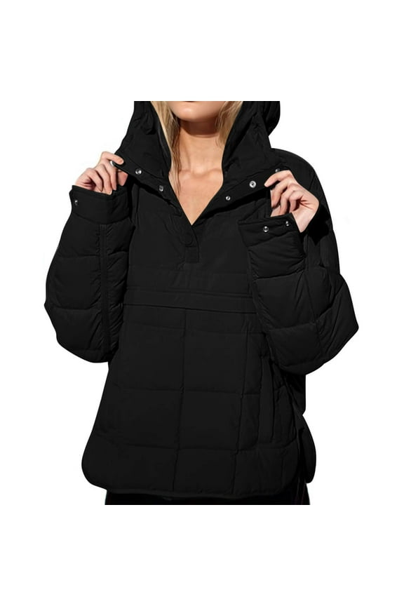 Quilted Puffer Jacket Women Lightweight Pullover Hoodie Oversized Warm Winter Down Jackets Quarter Button Long Sleeve Casual Padded Coats with Pocket, Black XXL