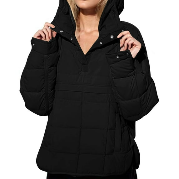 Maqroz Quilted Puffer Jacket Women Lightweight Pullover Hoodie Oversized Warm Winter Down Jackets Quarter Button Long Sleeve Casual Padded Coats with Pocket, Black XXL