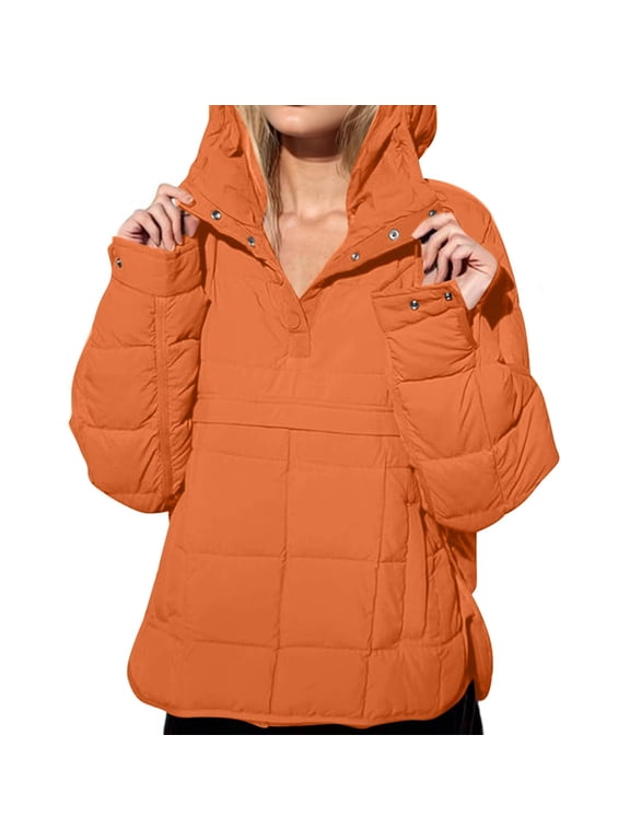 Quilted Puffer Jacket Women Lightweight Pullover Hoodie Oversized Warm Winter Down Jackets Quarter Button Long Sleeve Casual Padded Coats with Pocket, Orange M