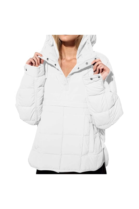 Quilted Puffer Jacket Women Lightweight Pullover Hoodie Oversized Warm Winter Down Jackets Quarter Button Long Sleeve Casual Padded Coats with Pocket, White M